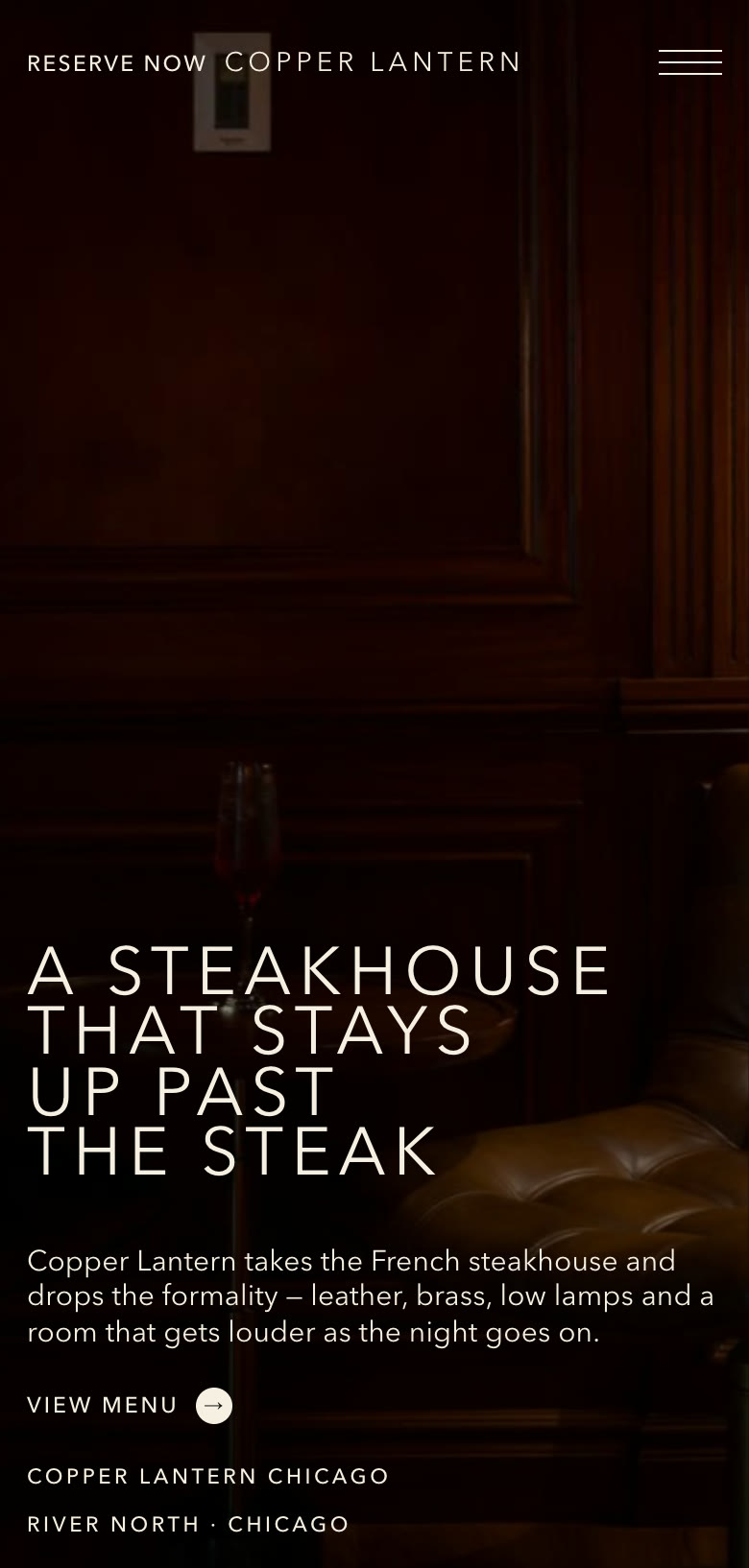 First frame: the Copper Lantern fictional steakhouse homepage with light text over a dark dining room photograph.