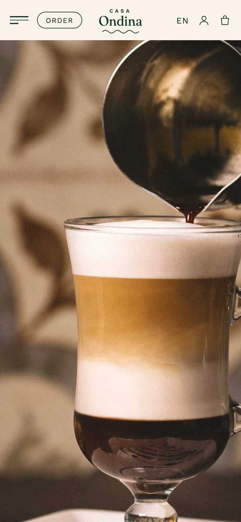 First frame: the Casa Ondina fictional café homepage with a coffee being poured.