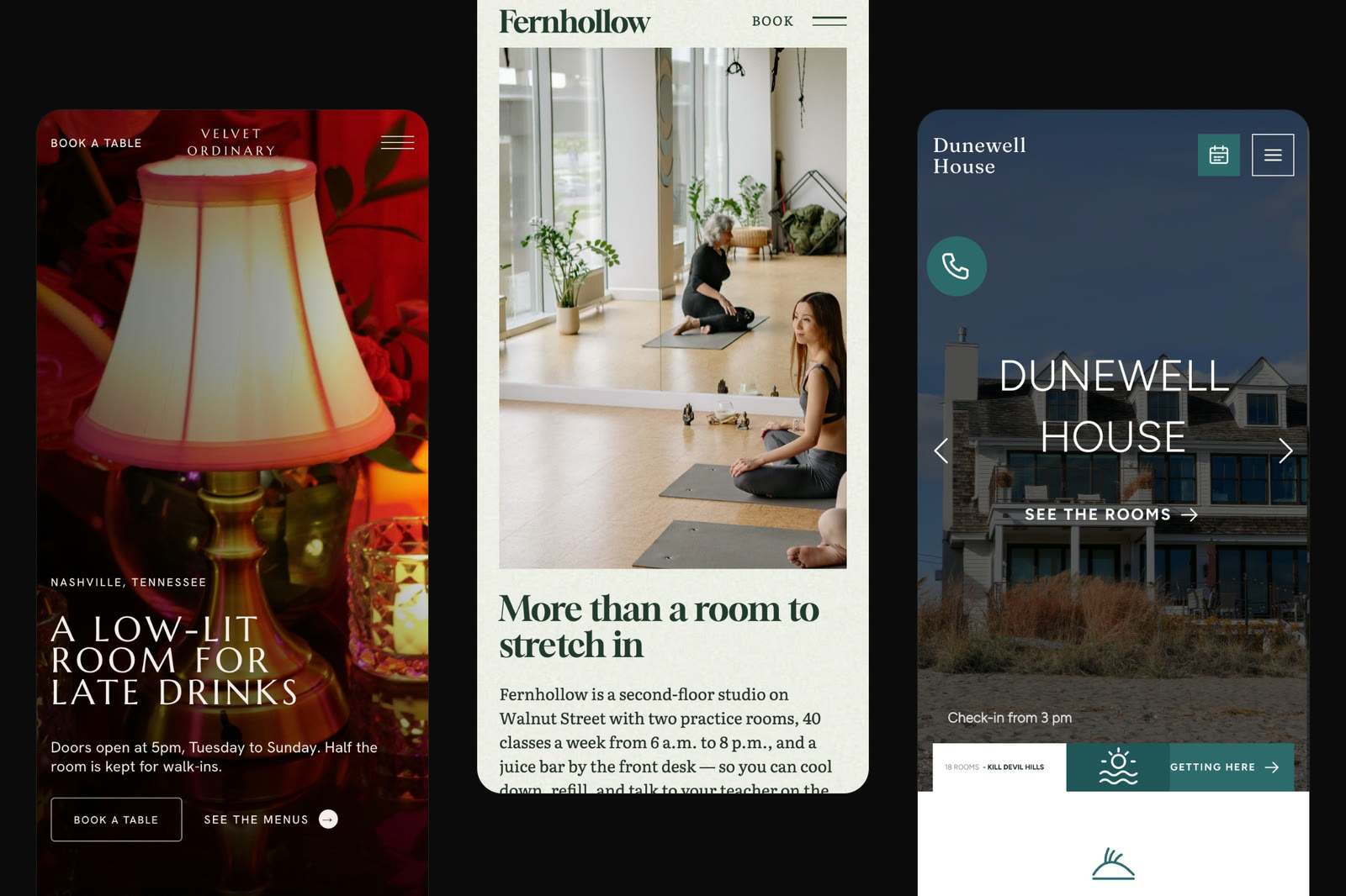 Three fictional Arupix concept sites on phones: Velvet Ordinary, Fernhollow and Dunewell House, each with its main action on the first screen: Book a table, Book and See the rooms.