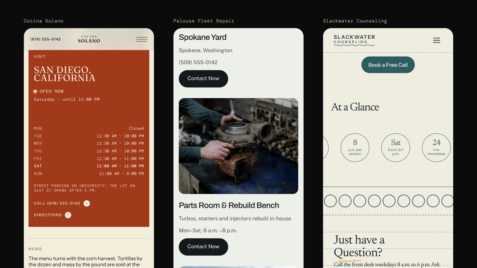 Phone screens from three fictional Arupix concepts showing hours, phone numbers and addresses: Cocina Solano, Palouse Fleet Repair and Slackwater Counseling.