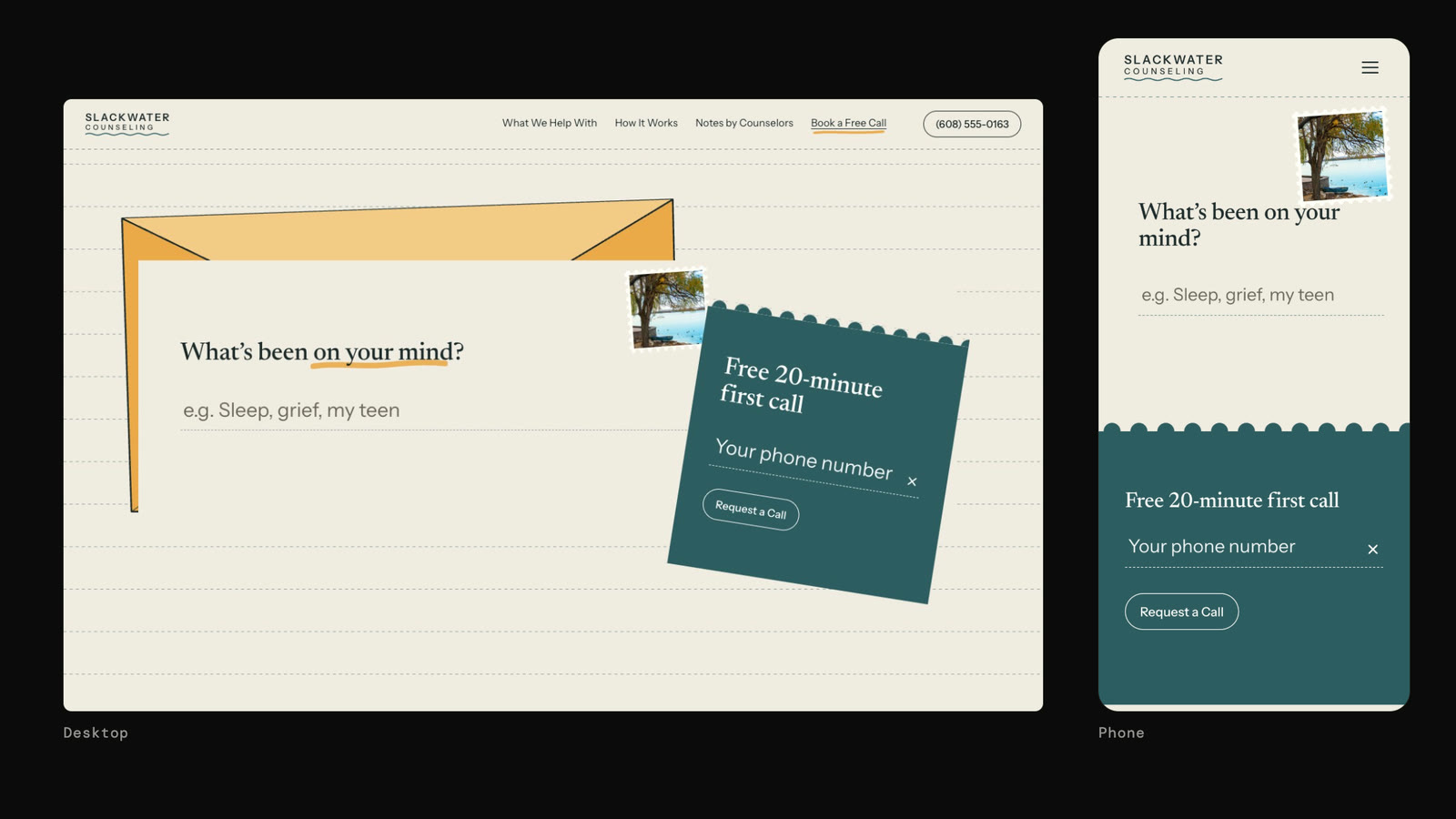 The fictional Slackwater Counseling concept on a desktop screen and on a phone, with the same free-call form rearranged for each.
