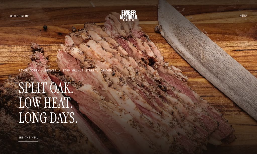 The Ember Meridian fictional restaurant homepage uses a brisket photograph with menu and ordering labels.