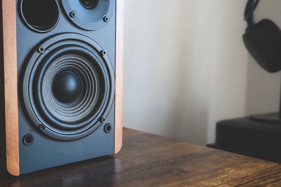 Close view of a woofer set in a speaker with a wooden side panel
