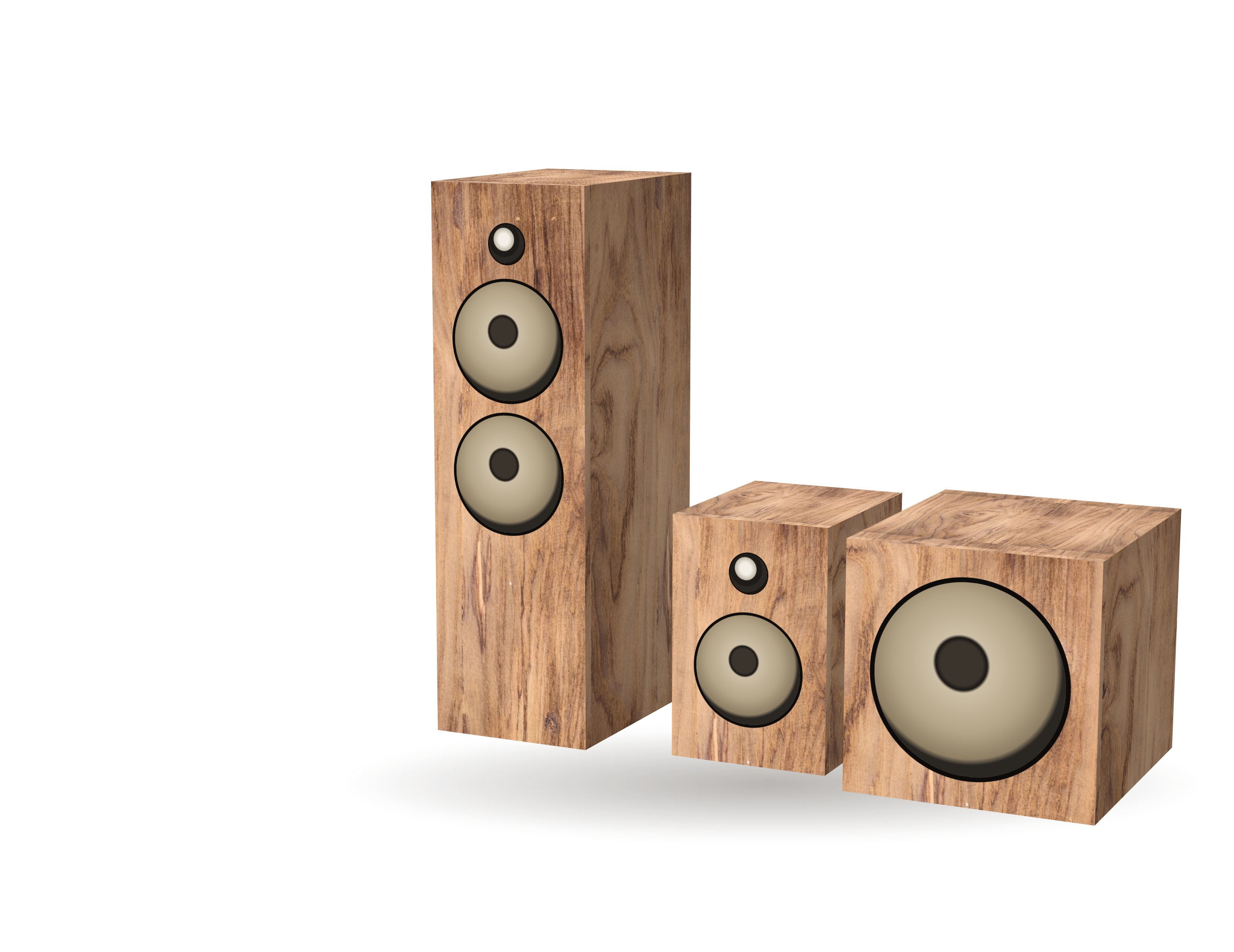 The Bramble Tall, One and Low speakers in walnut, drawn together