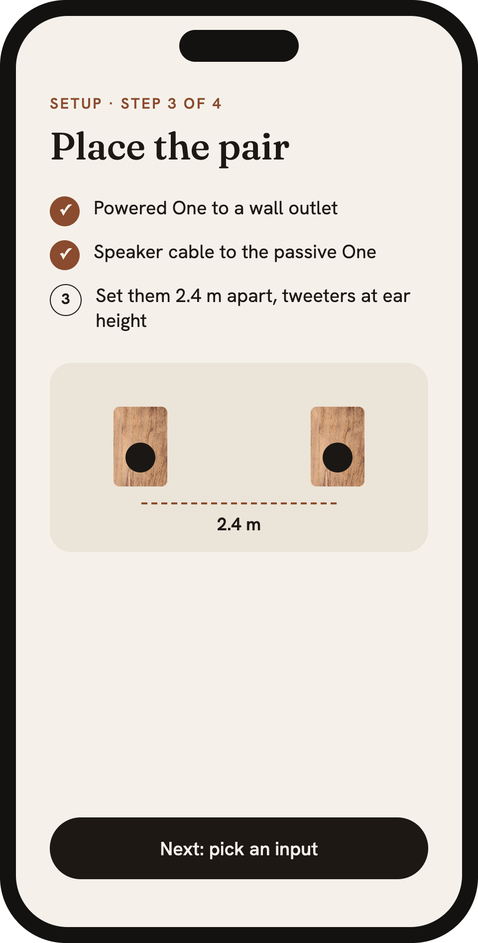 Phone showing step three of the Bramble setup guide: place the pair 2.4 metres apart