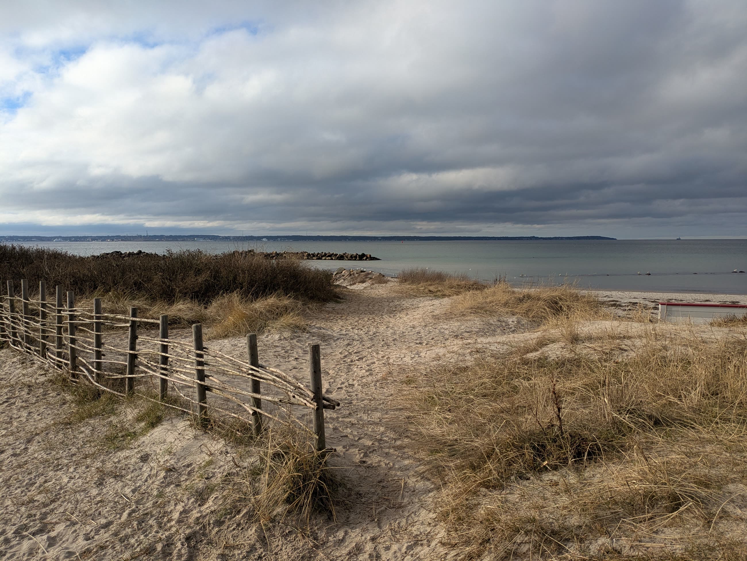 Dune path and a low fence under a grey winter sky