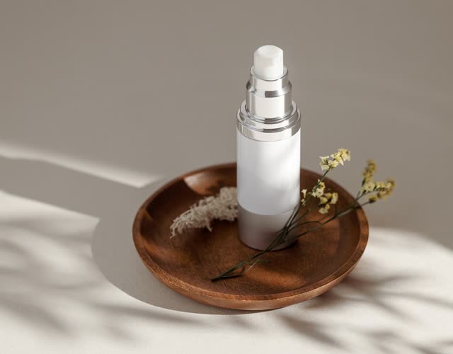 White airless bottle on a wooden tray
