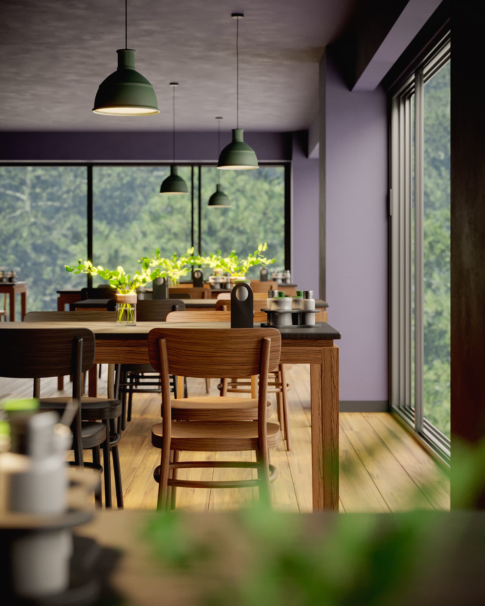 The HOLLOW FIG bar and dining room looking out to the trees