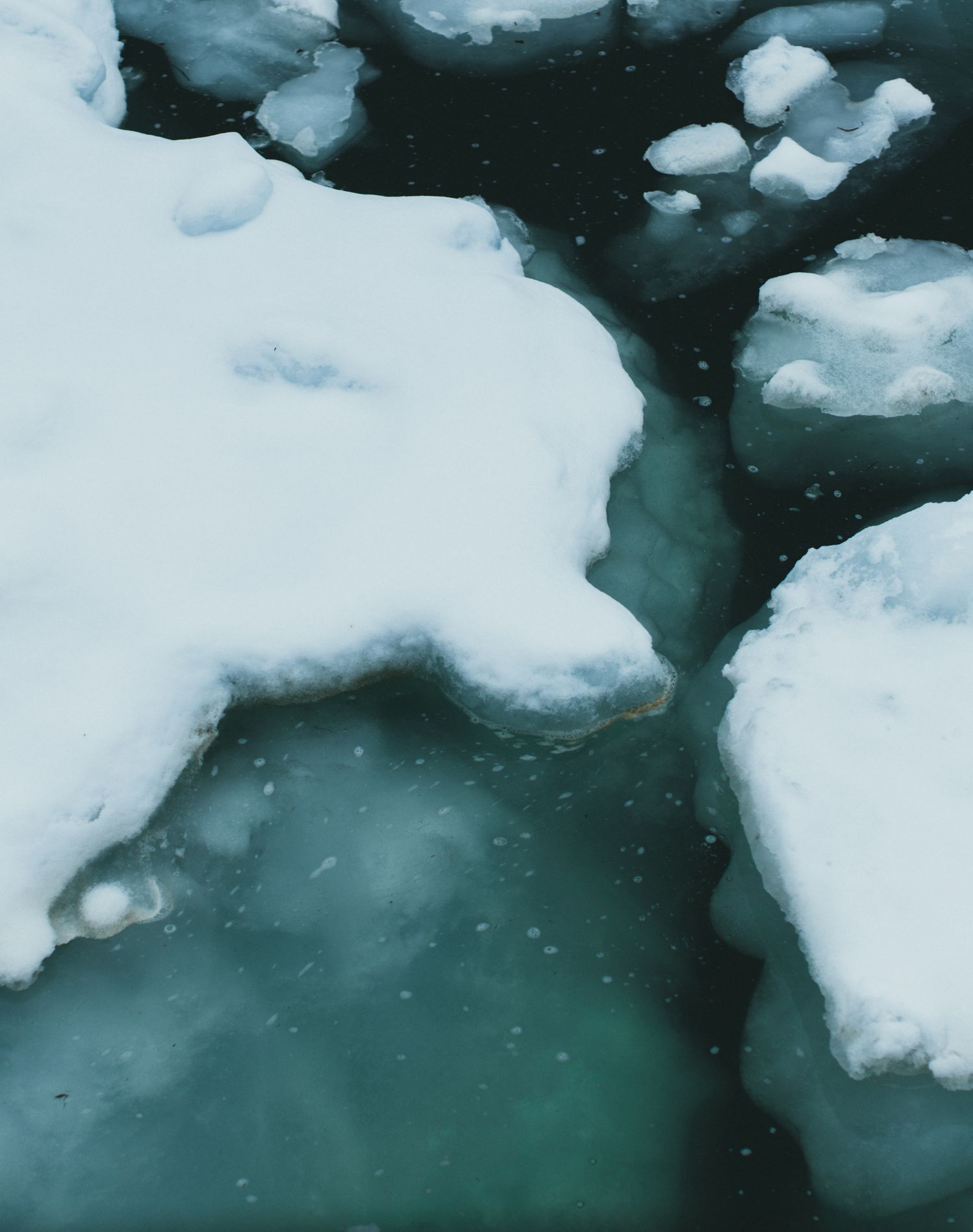 海面をおおう流氷の板と、そのあいだの水路