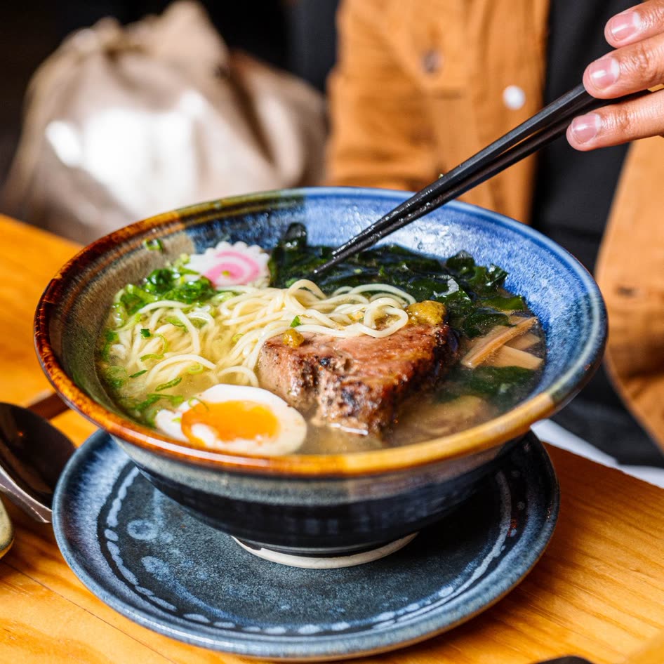 青い丼に盛られた麺とスープ