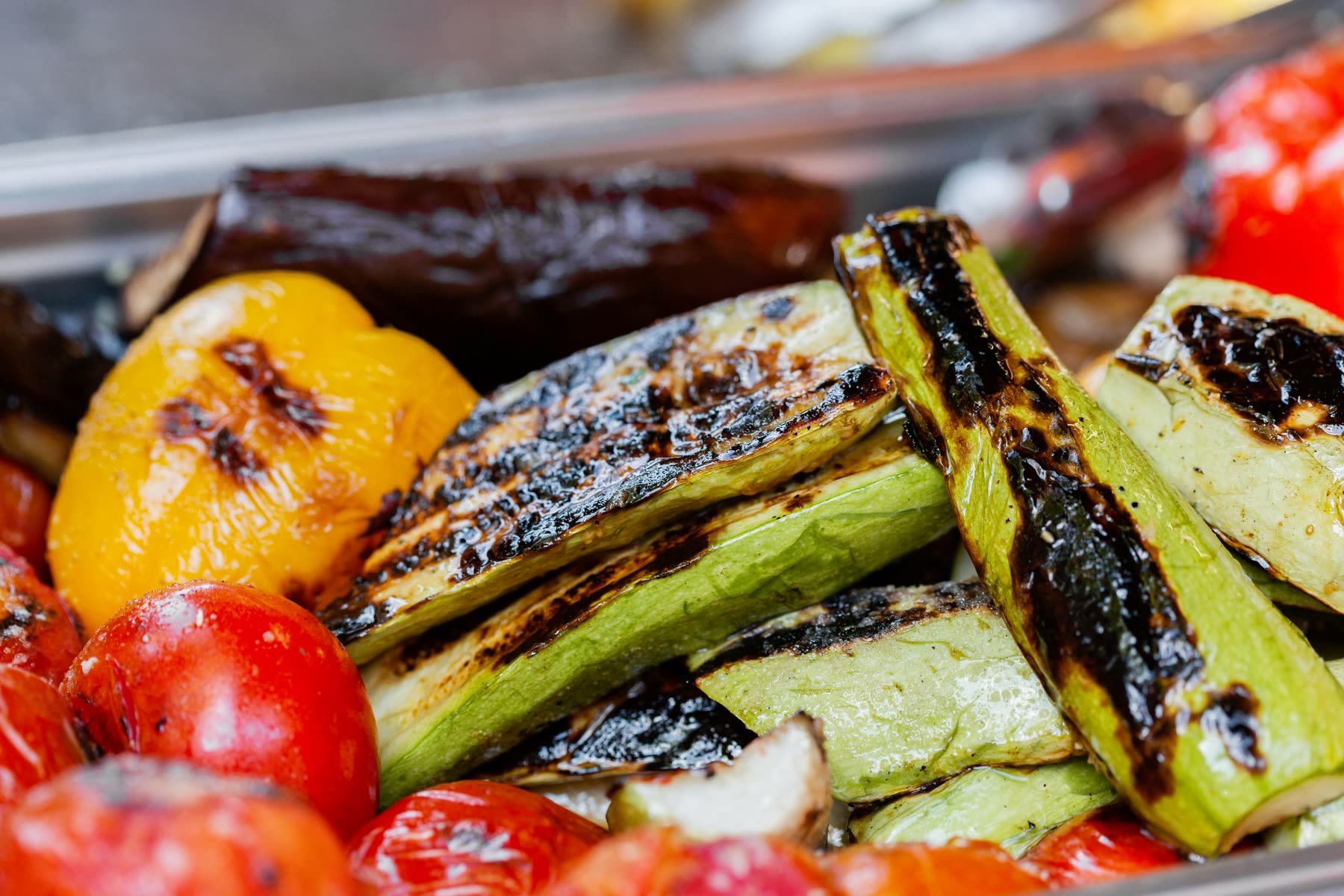 Charred zucchini, peppers and tomatoes from the grill