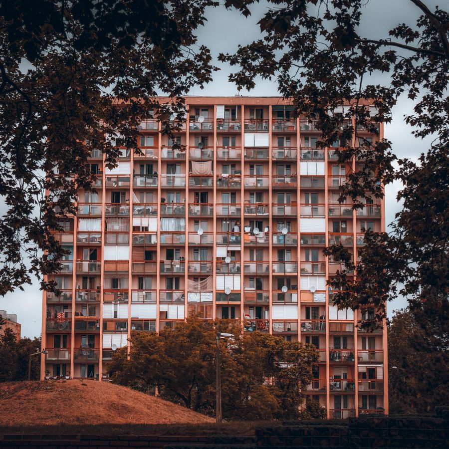 An apartment block behind trees