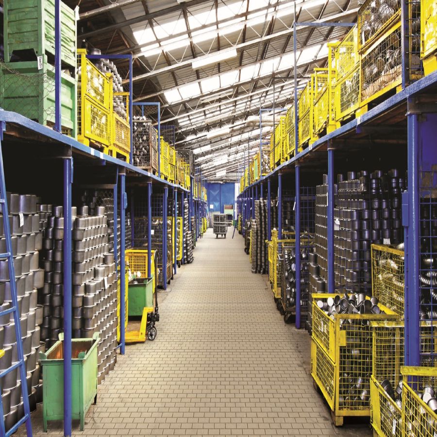 Warehouse aisle with parts bins