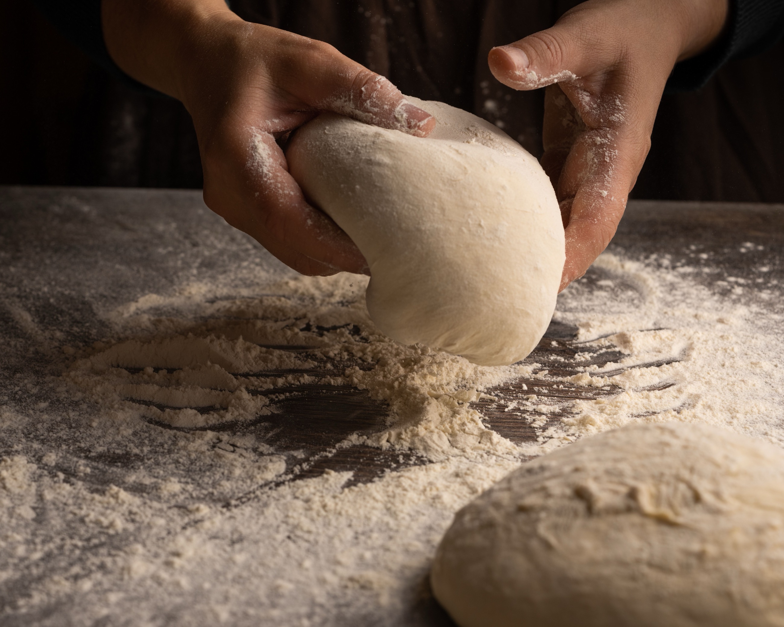 Hands folding a floured round of dough on the bench