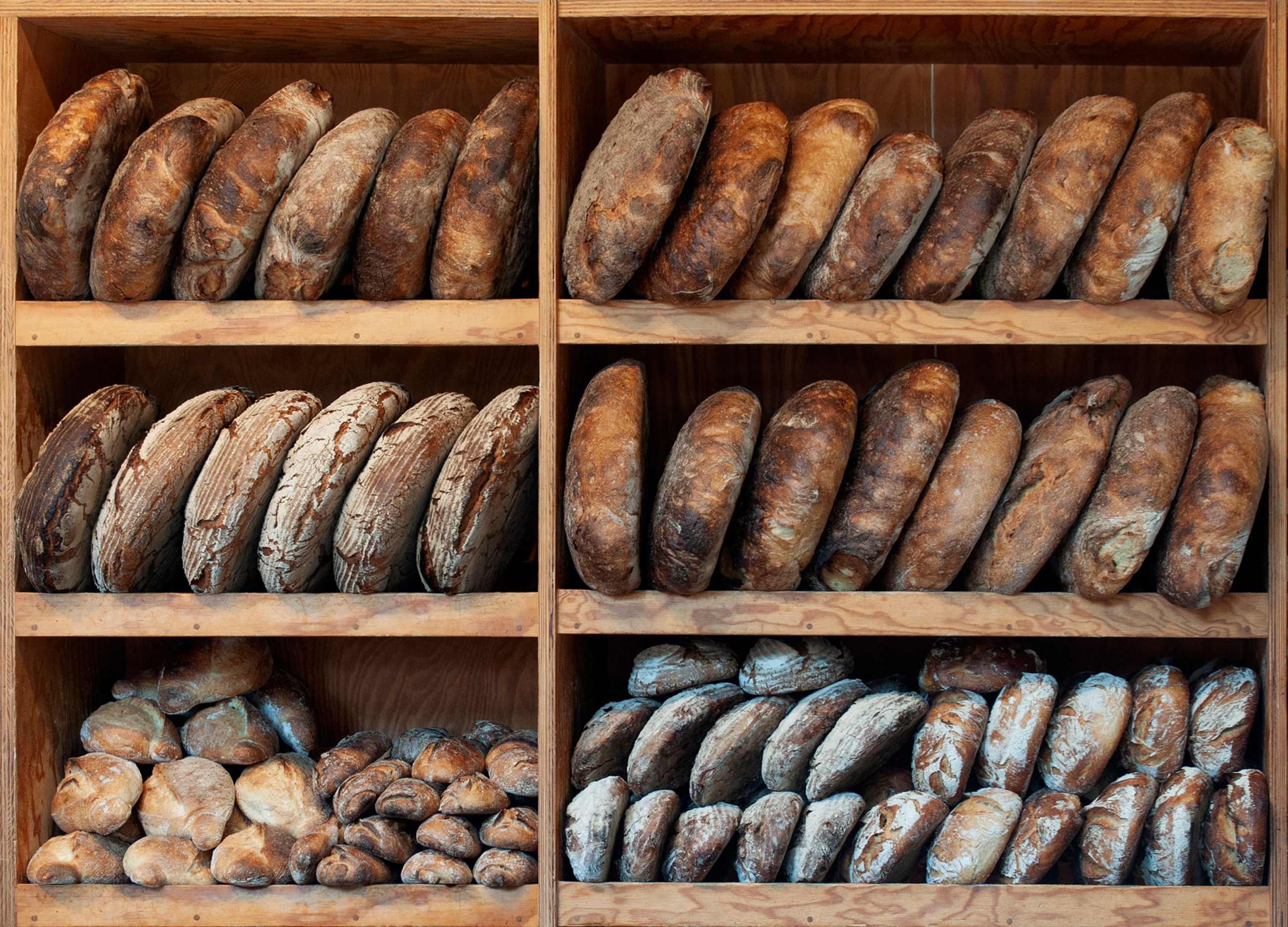 Shelves of country loaves and rye cooling in the bakehouse