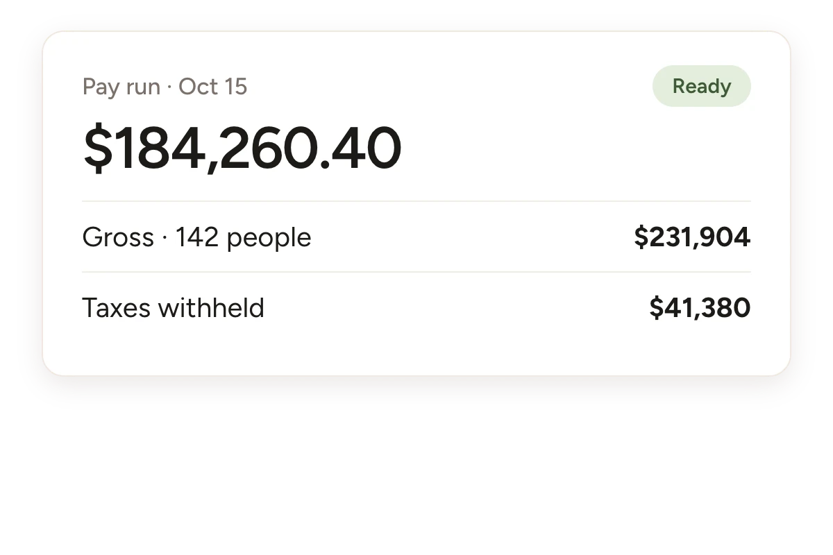 A pay run summary for 142 people, ready to approve