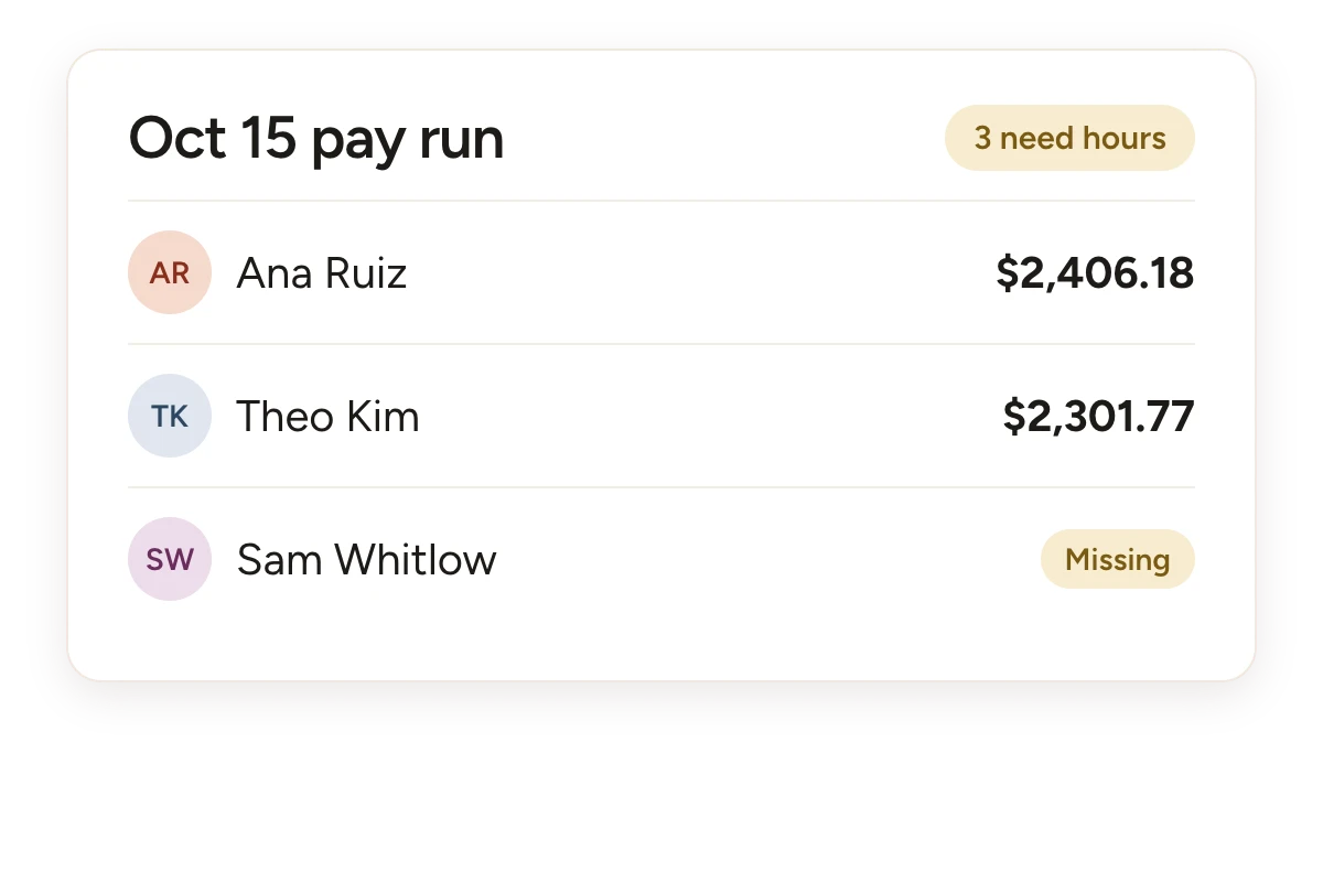 A pay run list with net pay per employee