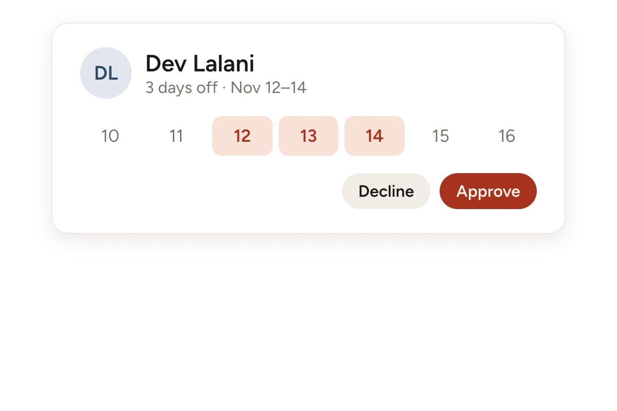 A three-day time-off request on a calendar
