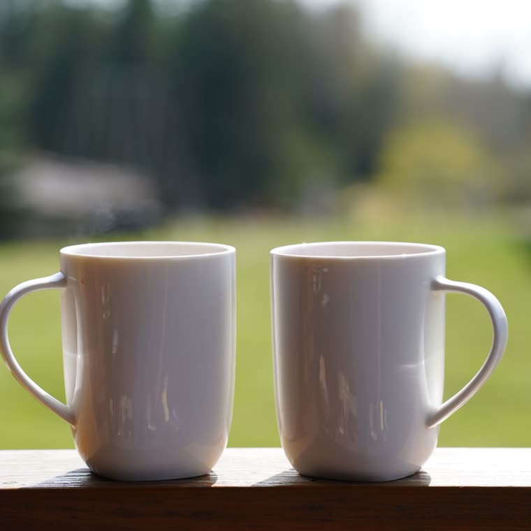 Two white mugs on a window ledge