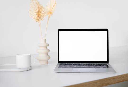 A laptop, a cup and a vase on a white desk